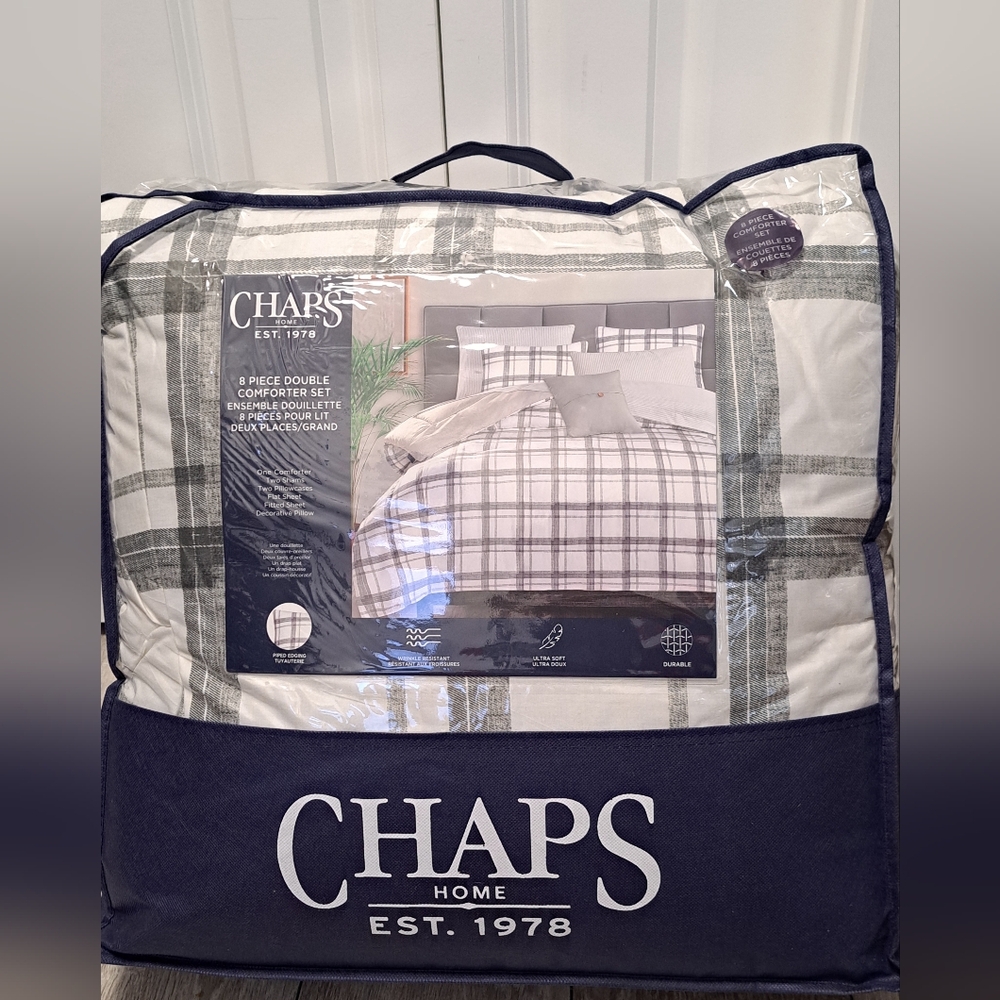 NEW Chaps Home Checkered Green & White 8pc Double Size Comforter Set